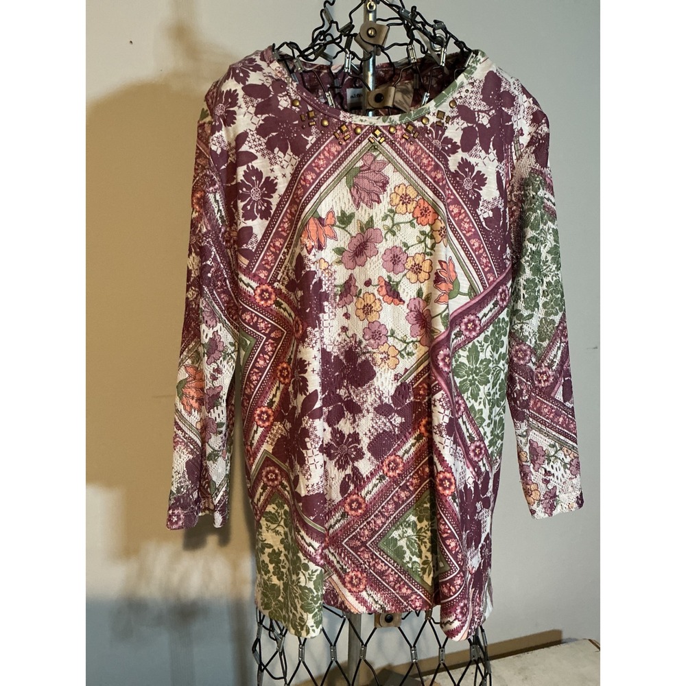 Alfred Dunner Petite Womens PL Plum Floral‎ Patchwork Studded Long Sleeve Top